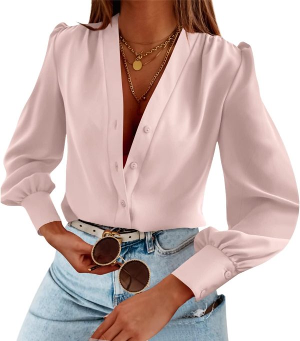 Women's Business Casual Tops Summer Long Sleeve Button Down Shirts V Neck Chiffon Blouses