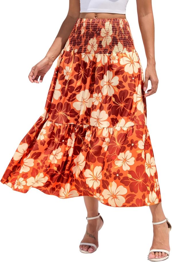 Women Novelty Maxi Skirts with Pockets Midi Elastic Waist A-Line Flowy Skirts Patterns for Daily Office Party