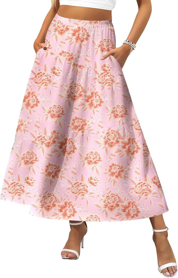 Women Midi Summer   Elastic High Waist A-Line Flowy Swing Asymmetric Tiered Skirt Dress with Pockets