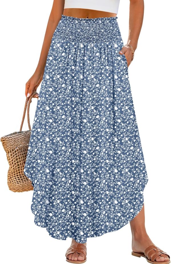 Women Maxi Skirts Summer  Floral High Waisted Flowy Swing Pleated Beach Long Skirt with Pockets